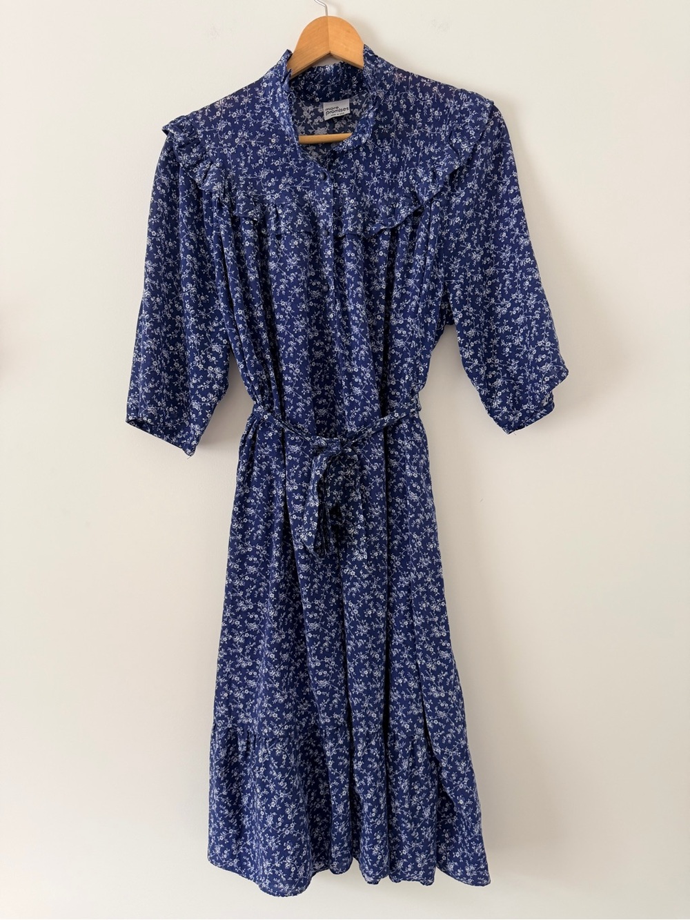Vintage Navy Blue Floral Tie-Waist Midi Prairie Dress